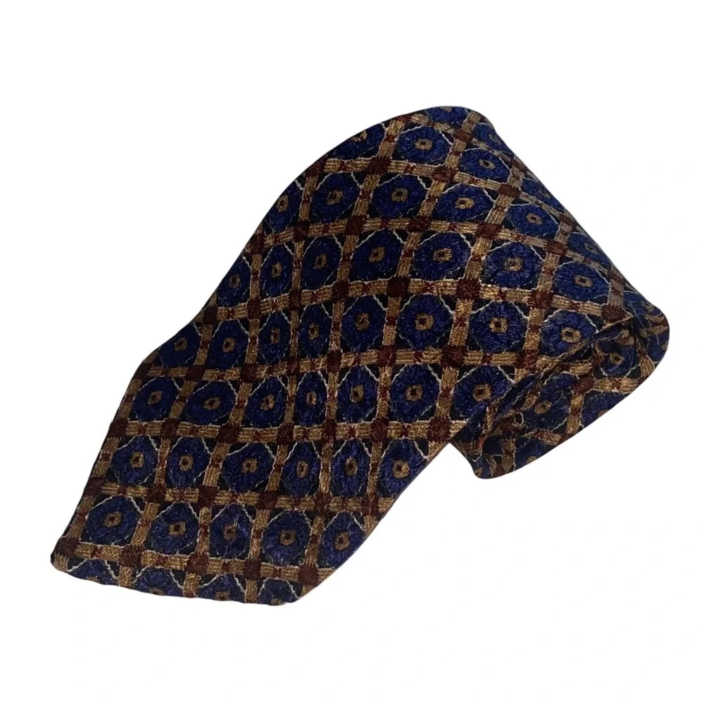 RICHEL Hand Made in Spain Men's Necktie Blue‎ Brown Geometric Pattern